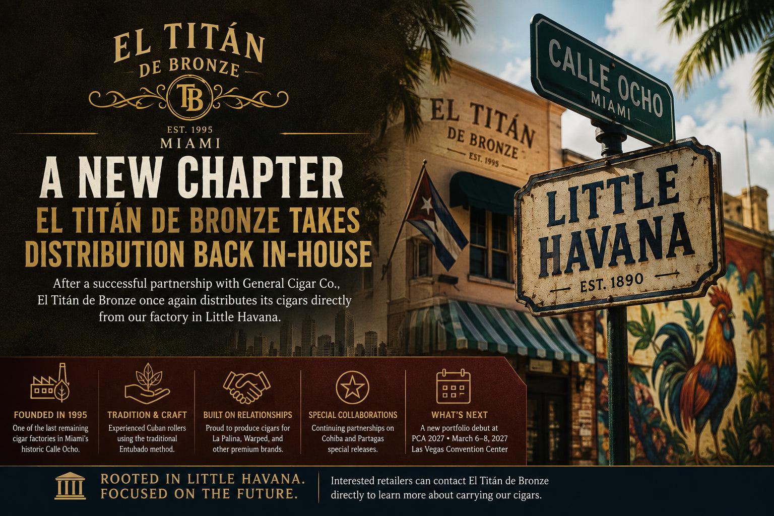 El Titán de Bronze brand graphic with its Little Havana, Calle Ocho Miami roots