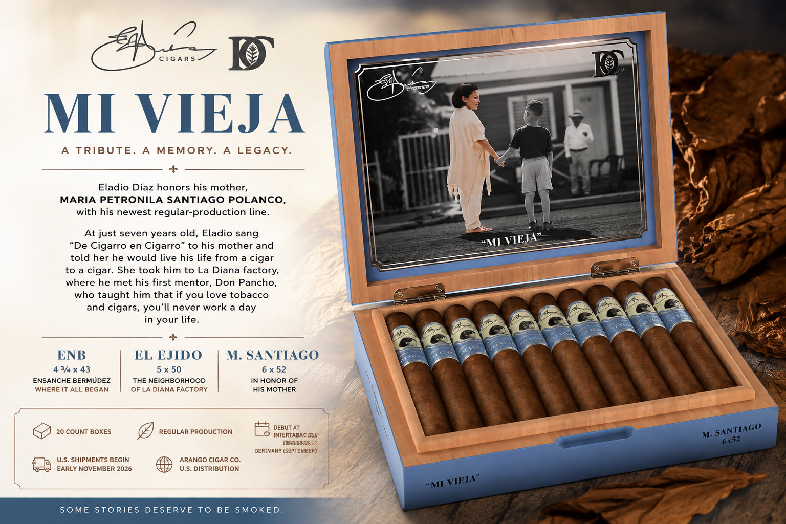 Eladio Díaz Mi Vieja cigars in an open box, a tribute to his mother with the M.Santiago band