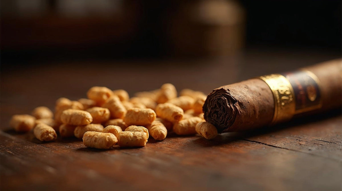 Small sweet-tipped flavored cigarillos next to a premium cigar for comparison