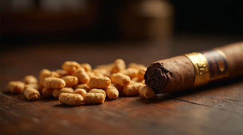 Small sweet-tipped flavored cigarillos next to a premium cigar for comparison