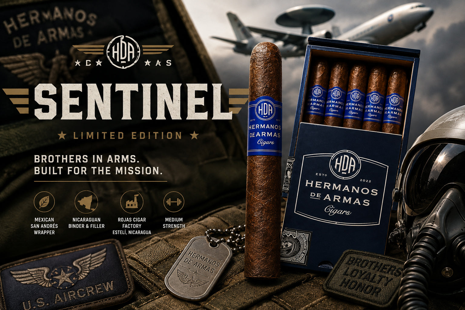 Hermanos de Armas Sentinel limited-edition Toro cigar and box with military aviation-inspired branding