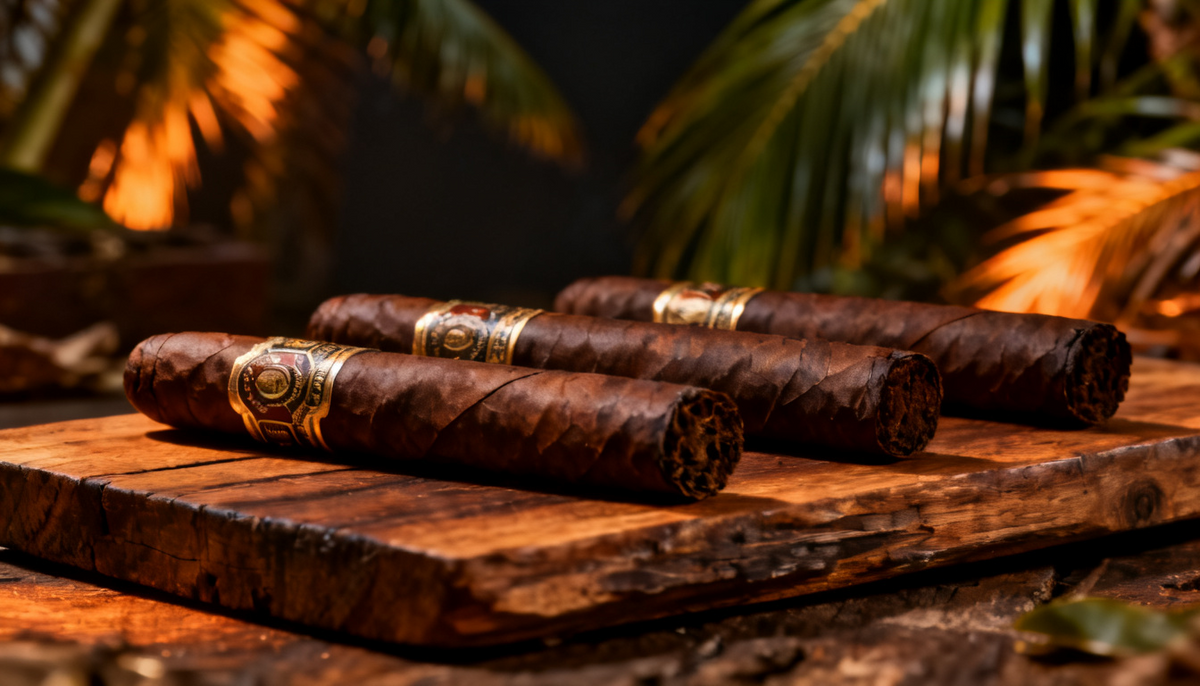 Three bold Honduran premium cigars arranged on a wooden board, honduran cigars to try