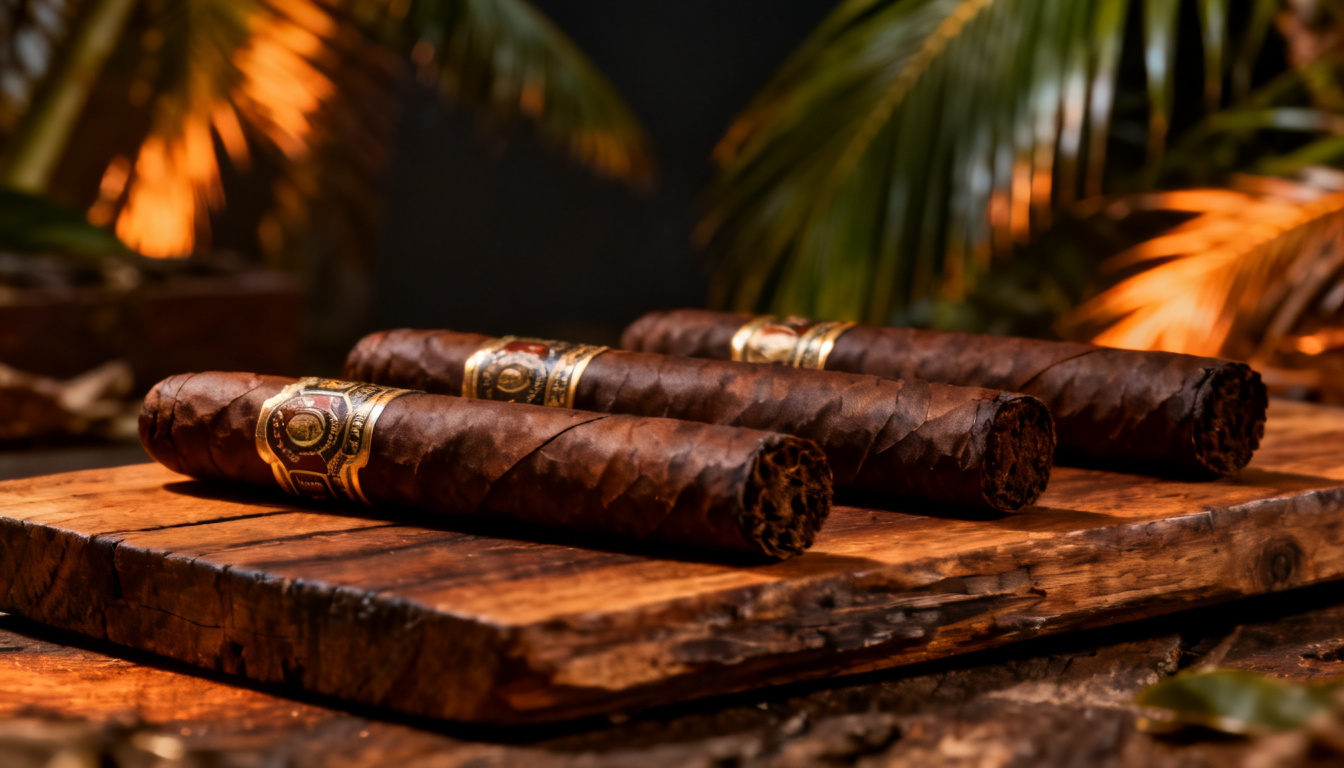 Three bold Honduran premium cigars arranged on a wooden board, honduran cigars to try