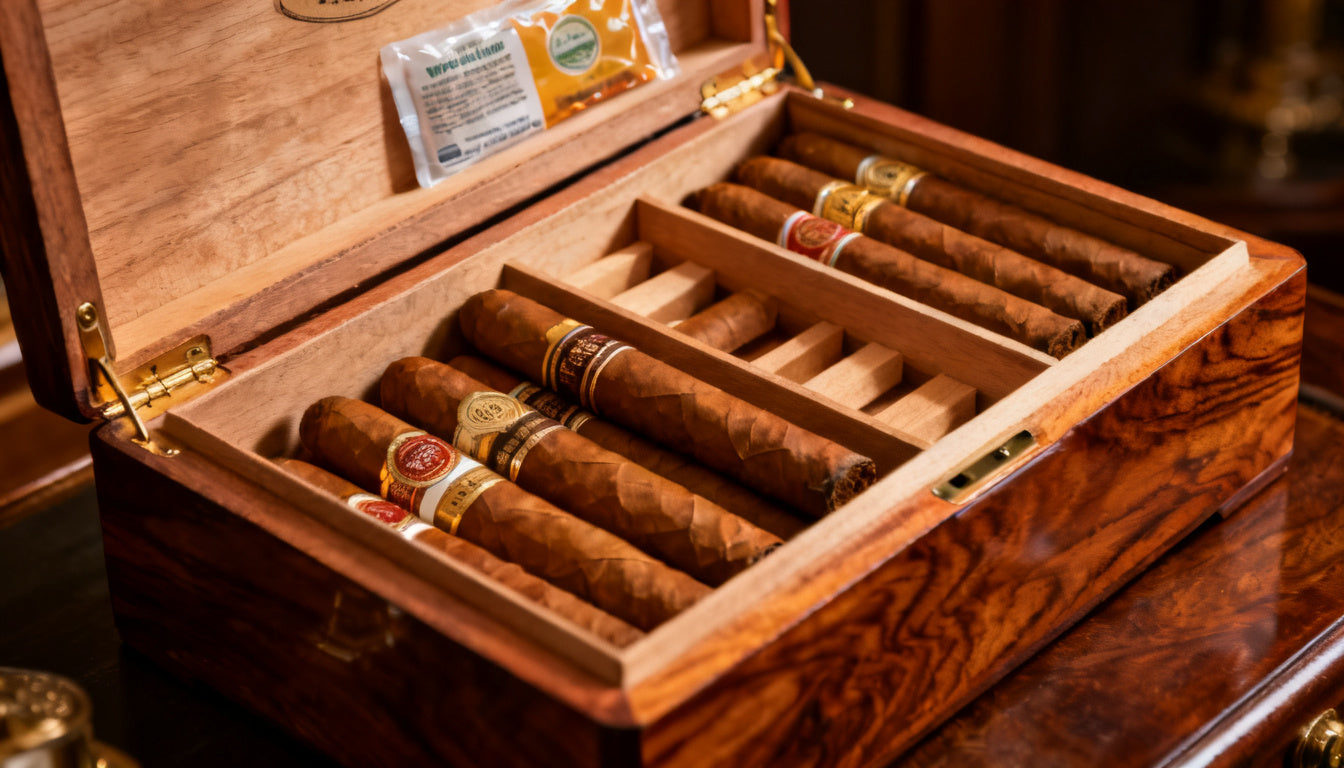 An open wooden humidor full of aging cigars with a humidity pack, showing how to age cigars