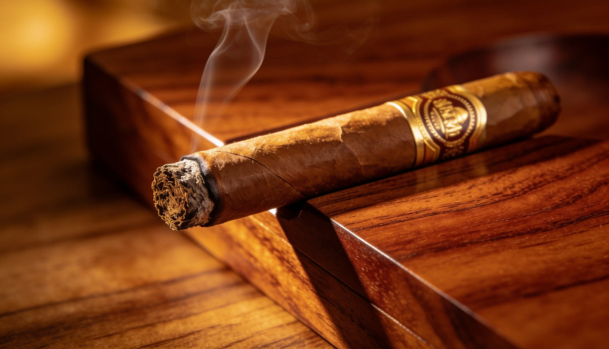 Lit premium cigar with aromatic smoke rising, illustrating how to retrohale a cigar