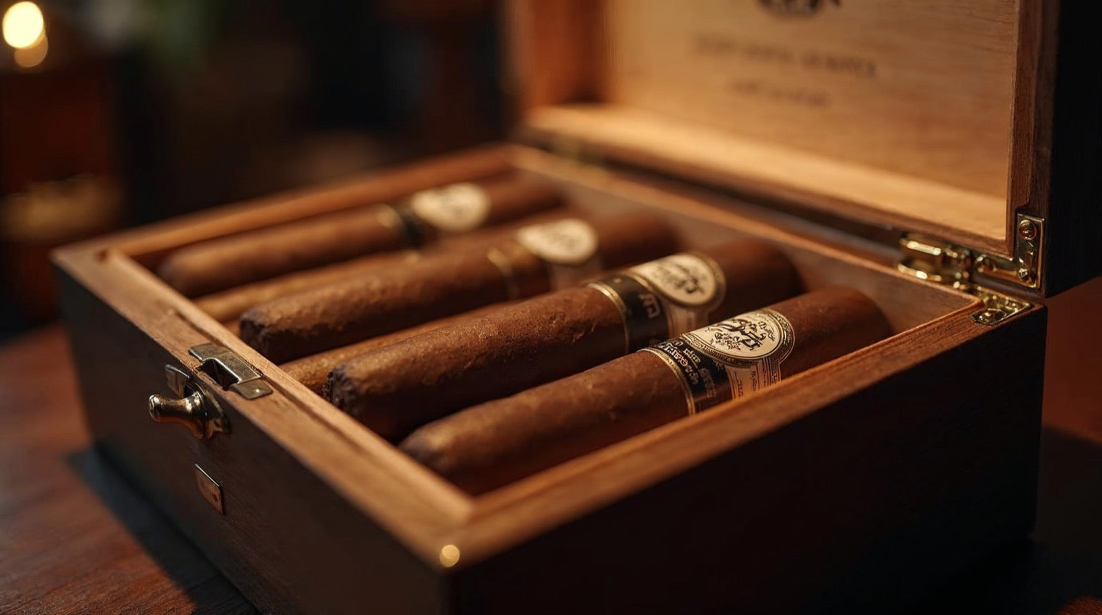 Premium cigars resting inside a wooden humidor with a Boveda humidity pack