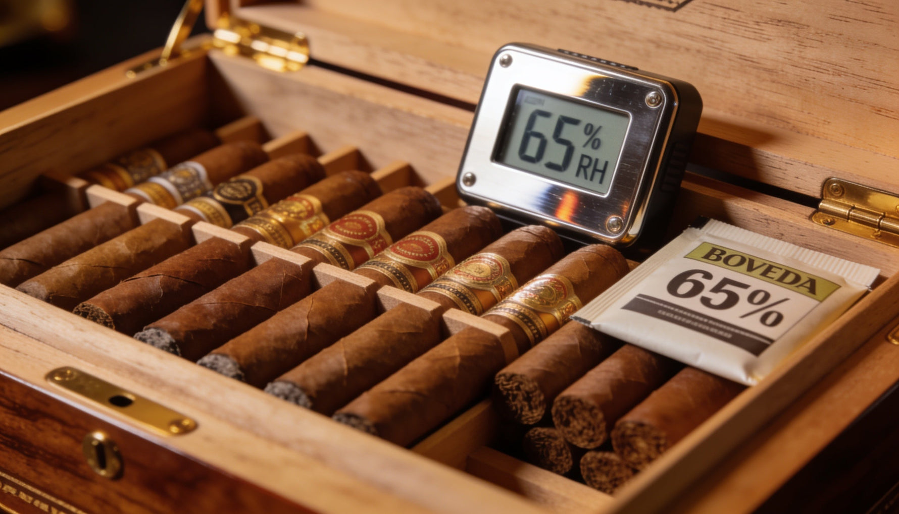 Open wooden cigar humidor full of premium cigars with a digital hygrometer, showing how to use a humidor