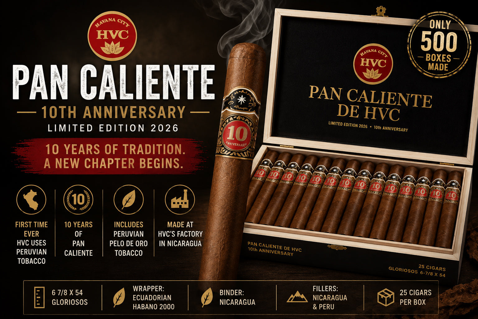 HVC Pan Caliente 10th Anniversary Limited Edition 2026 Double Toro cigar and box
