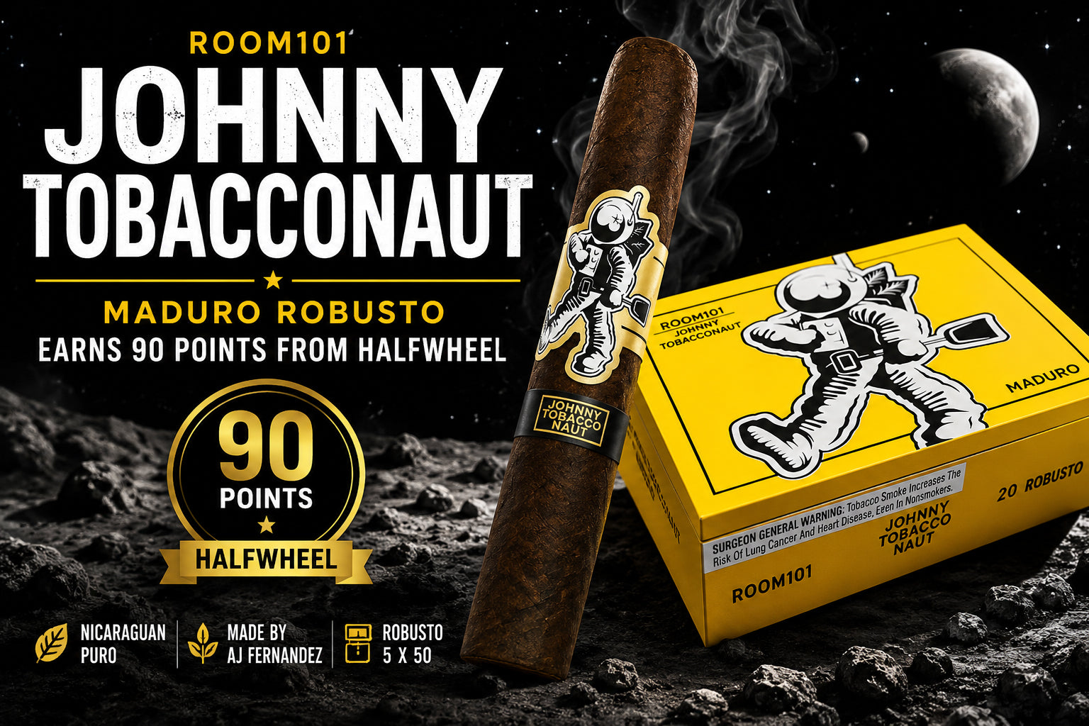 Room101 Johnny Tobacconaut Maduro Robusto cigar and yellow box with a 90-point halfwheel rating badge