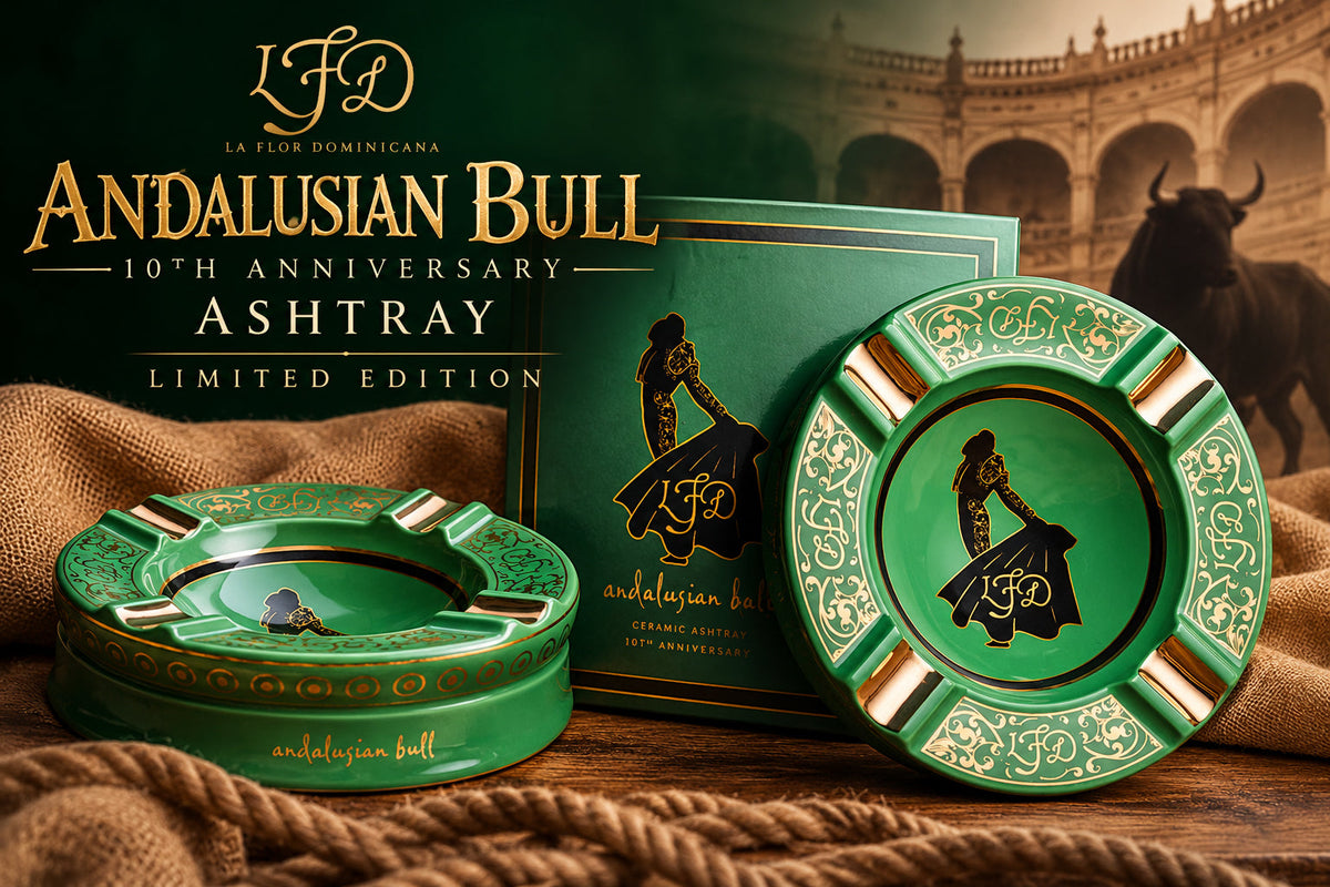 La Flor Dominicana Andalusian Bull 10th Anniversary Ashtray, a 12-inch ceramic piece with gold detailing and four cigar rests