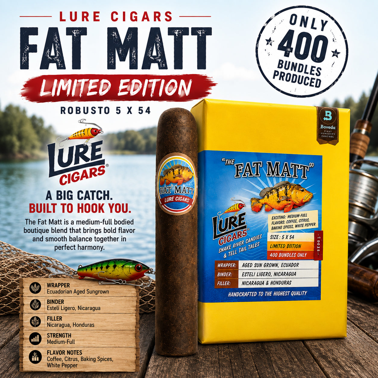 Lure Cigars Fat Matt Limited Edition robusto with its Peacock Bass fishing-themed bundle artwork