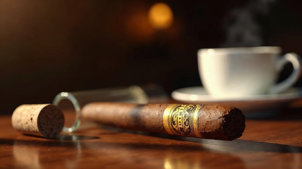 Macanudo Crystal Cafe cigar next to its clear glass tube on a wooden table