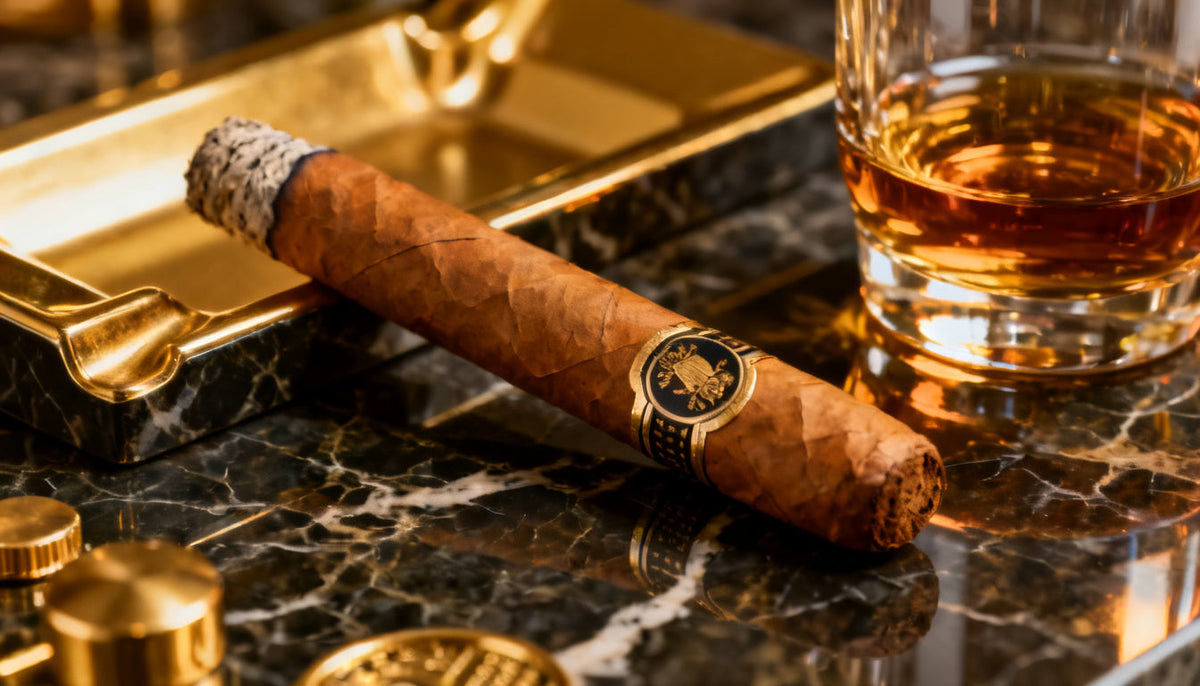 Luxury premium cigar on marble with gold accents, illustrating the most expensive cigars in the world