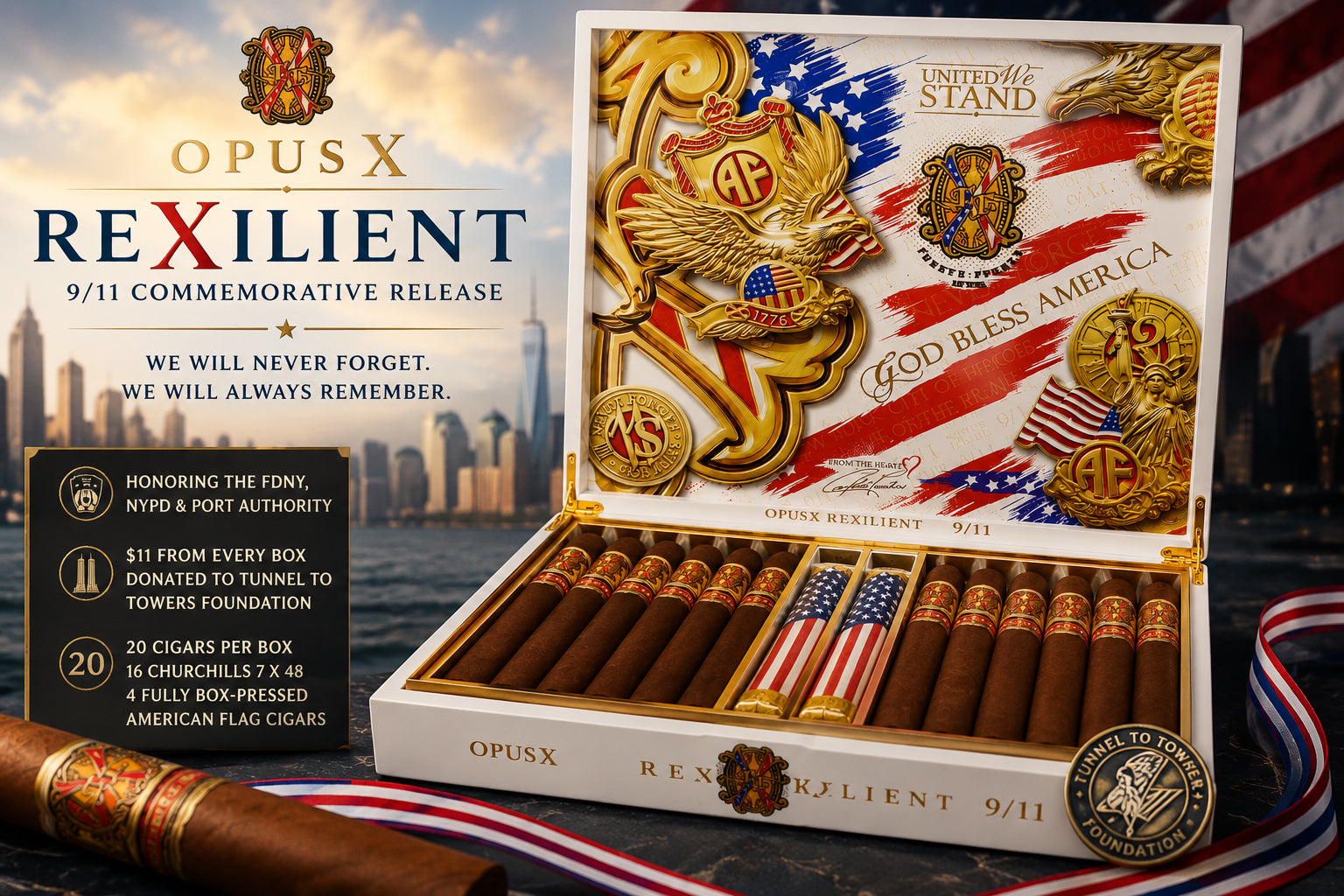 OpusX ReXilient 9/11 commemorative box with American-flag-wrapped cigars arranged to honor the Twin Towers