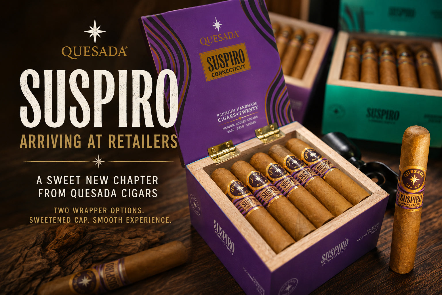 Quesada Suspiro cigars with the purple Connecticut box and the darker Oscuro box, a sweetened-cap release