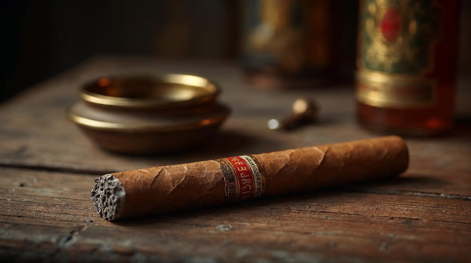 A classic everyday American cigar resting on a rustic wooden surface