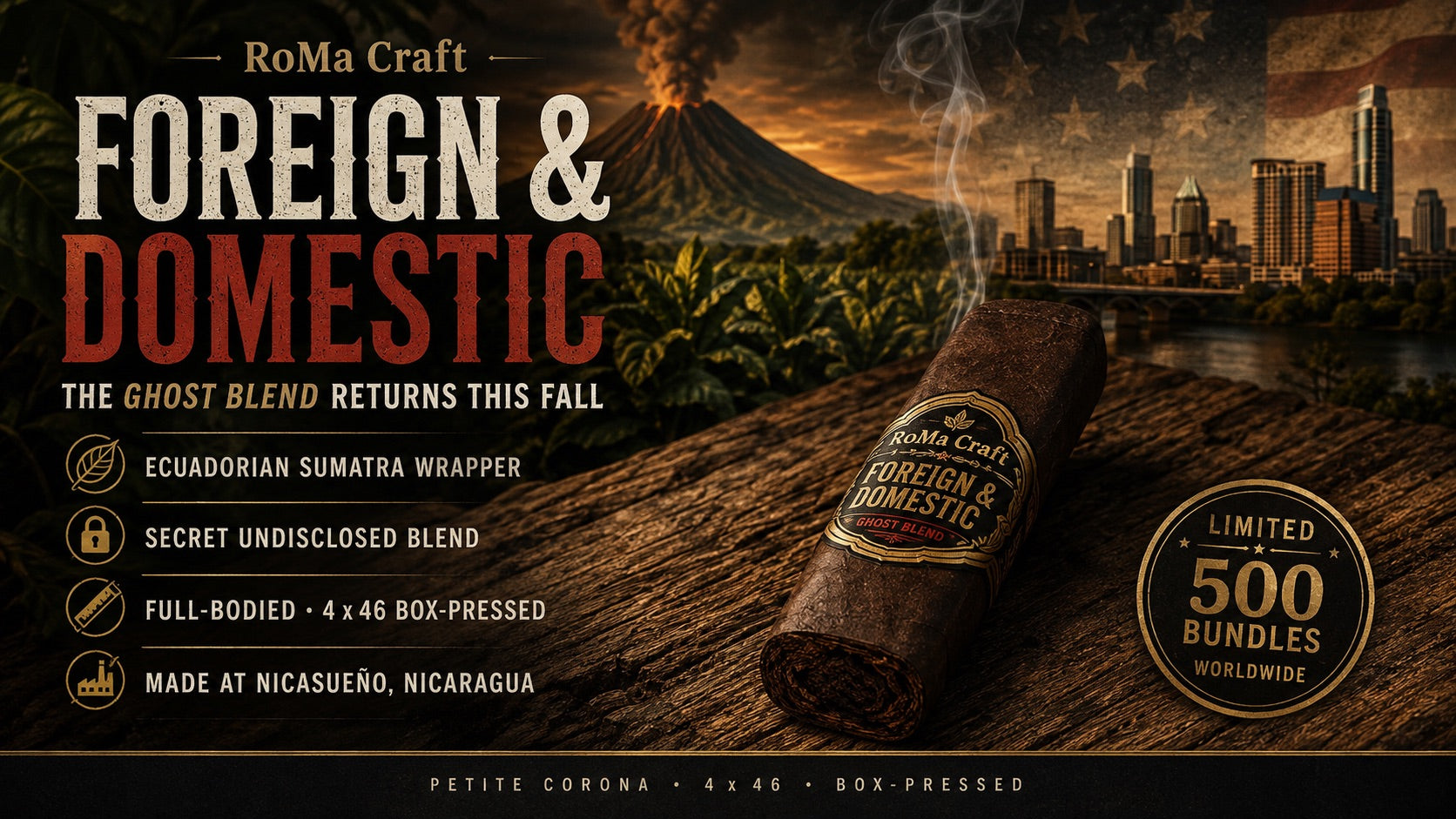 A dark box-pressed RoMa Craft Foreign and Domestic petite corona cigar resting on aged wood
