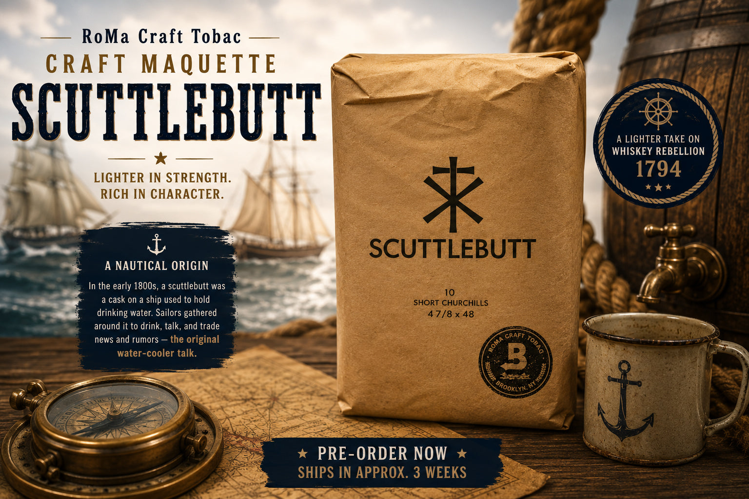 RoMa Craft CRAFT Maquette Scuttlebutt Short Churchill cigar bundle with a nautical theme