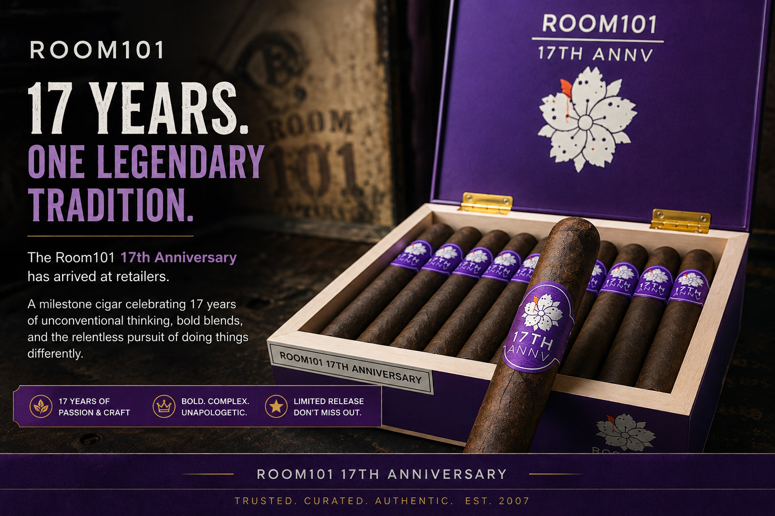 Room101 17th Anniversary Toro cigar in its purple anniversary box with sakura-flower branding