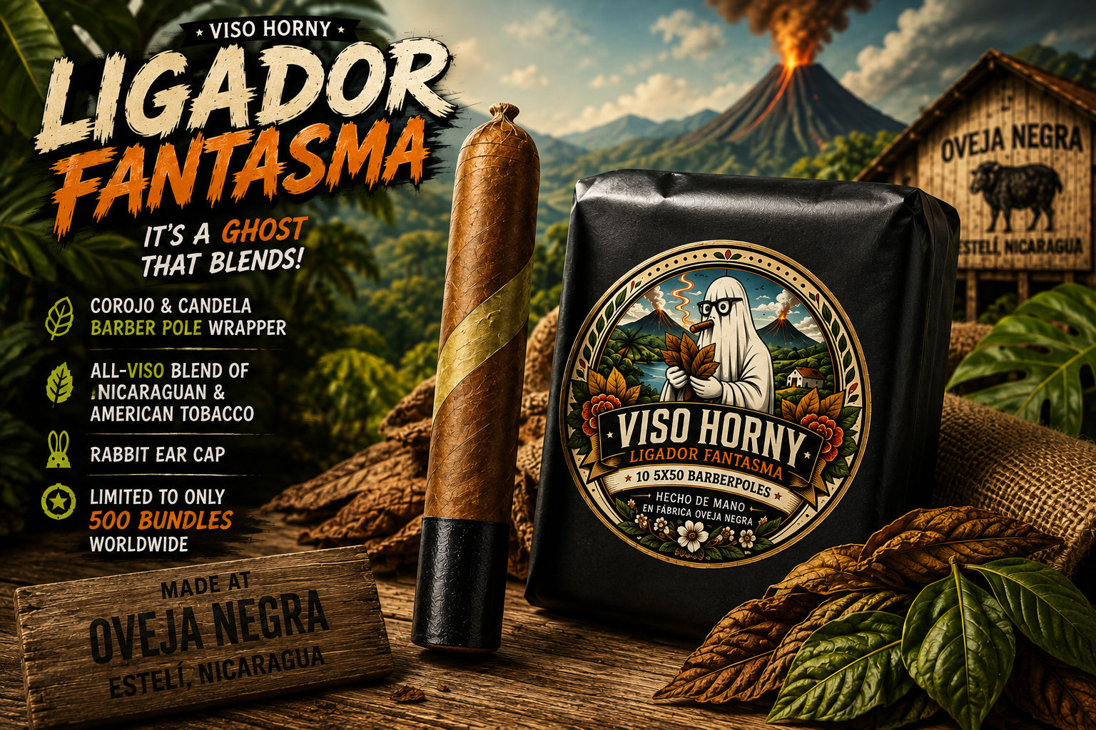 Viso Horny Ligador Fantasma barber pole cigar with its Corojo and Candela spiral wrapper and bundle