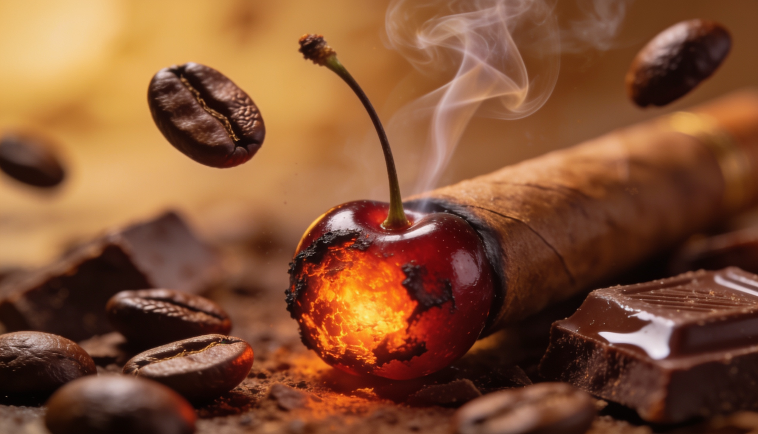 Premium cigar beside coffee beans and dark chocolate showing what cigars taste like
