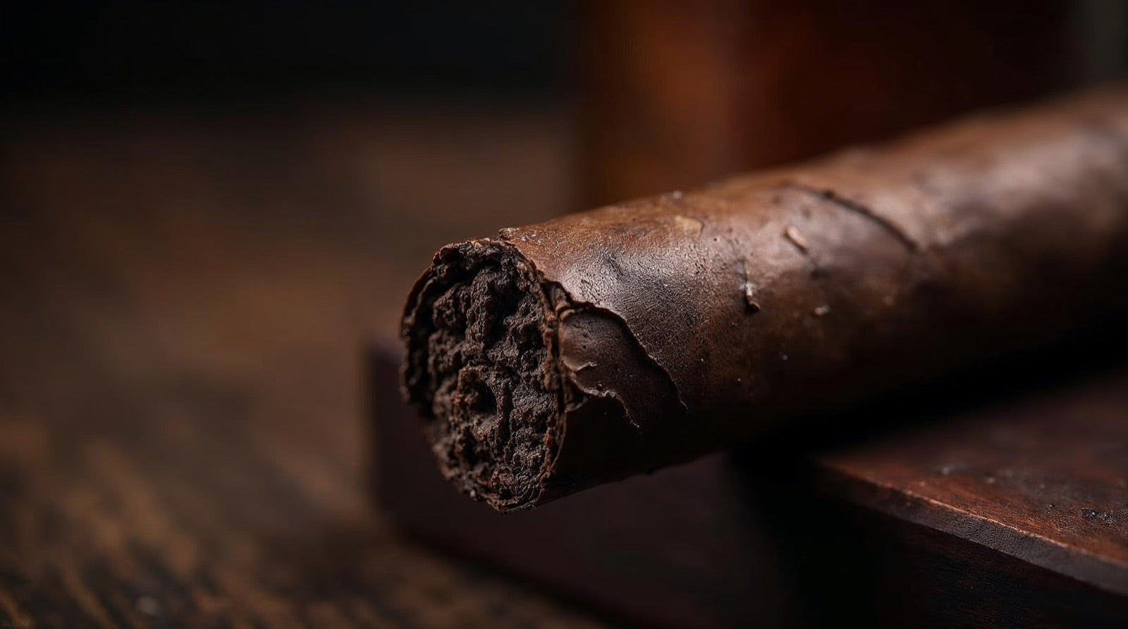 Close-up of a dark, oily maduro wrapper on a premium cigar showing natural blotchy coloring