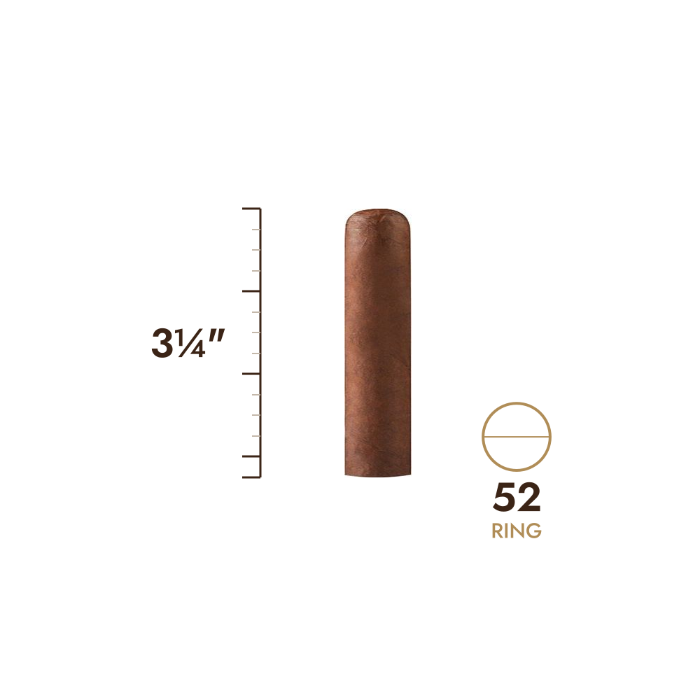 Cigar size: 3¼" long, 52 ring gauge, to scale