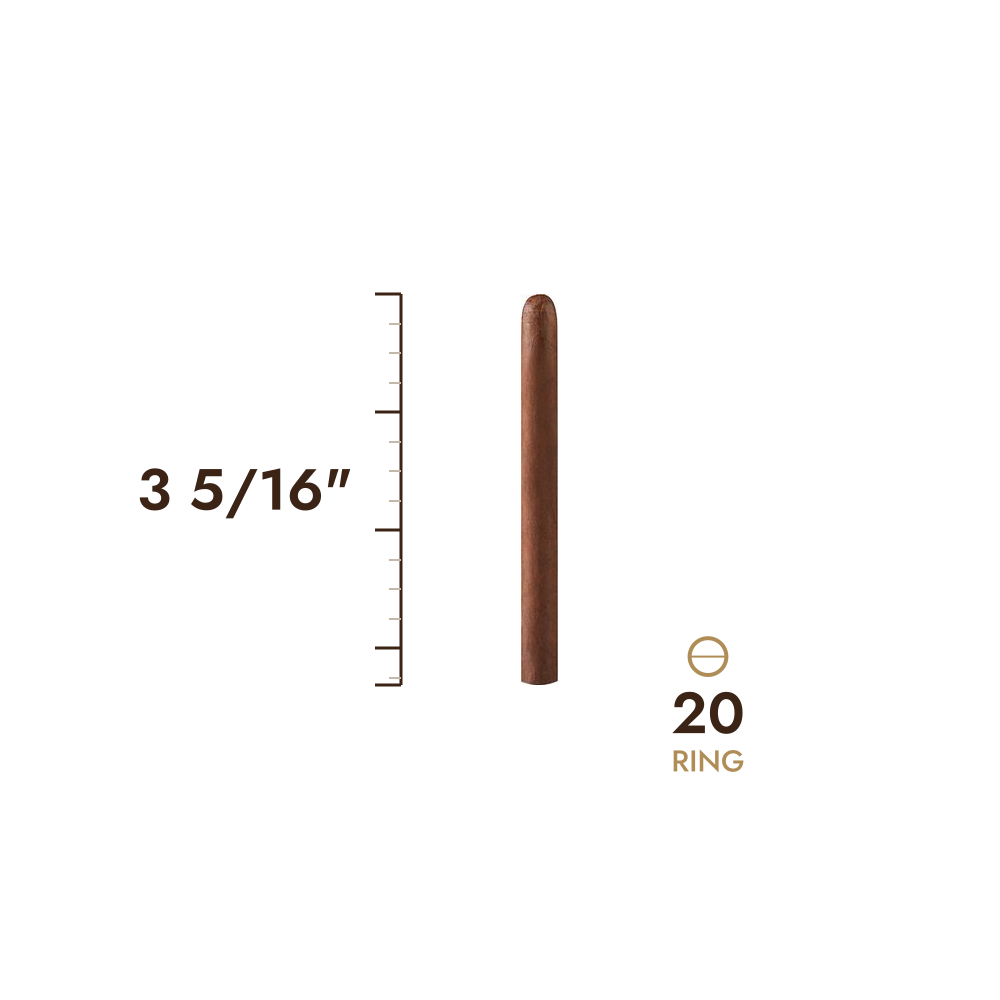 Cigar size: 3 5/16" long, 20 ring gauge, to scale