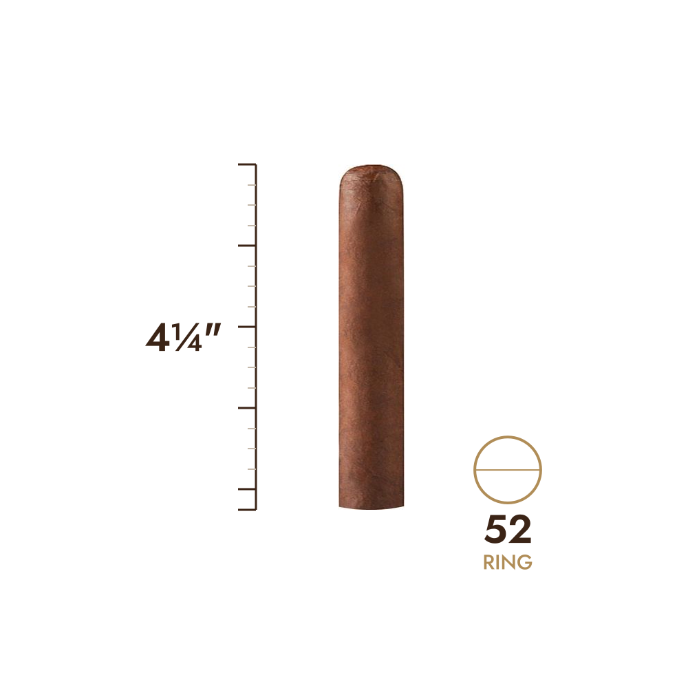 Cigar size: 4¼" long, 52 ring gauge, to scale