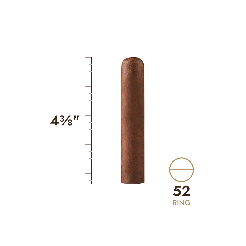 Cigar size: 4⅜" long, 52 ring gauge, to scale