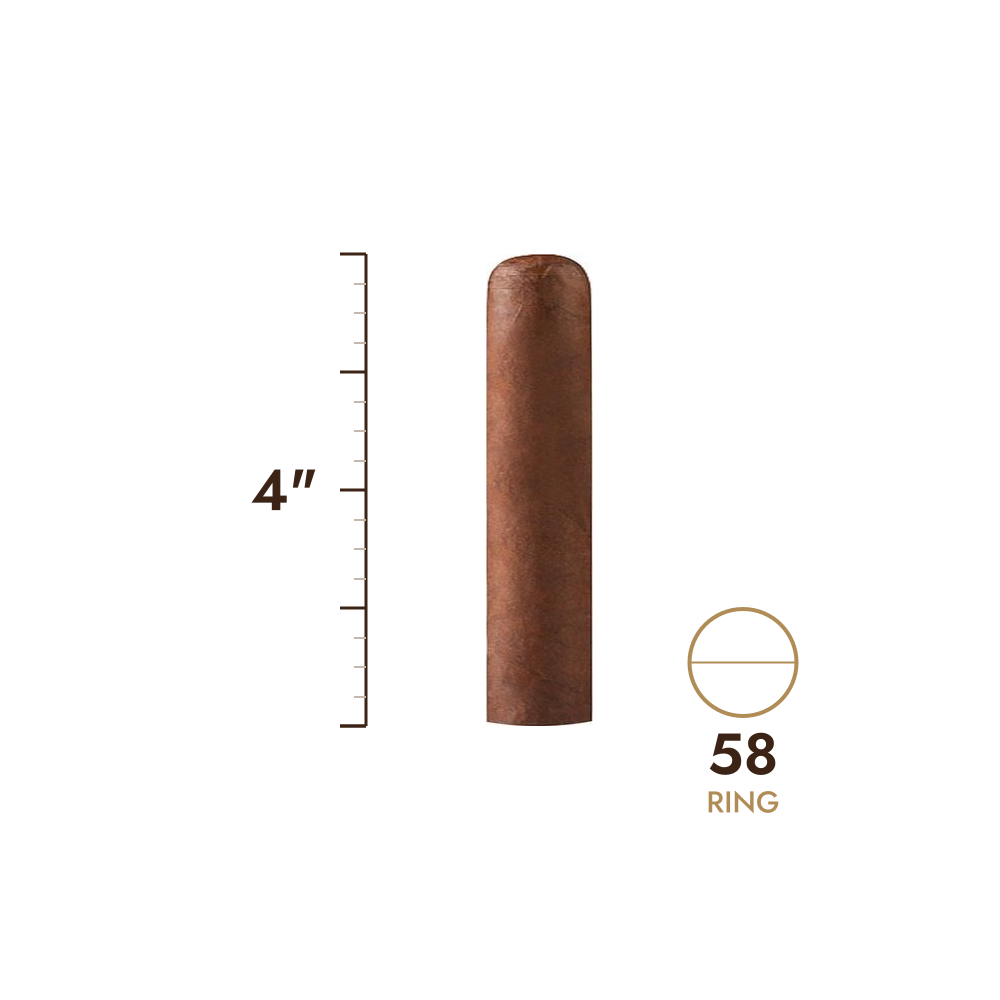 Cigar size: 4" long, 58 ring gauge, to scale