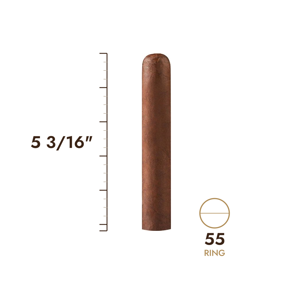 Cigar size: 5 3/16" long, 55 ring gauge, to scale