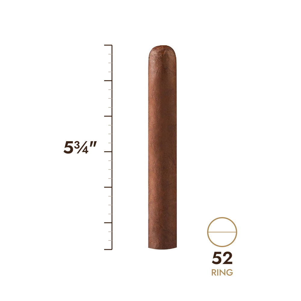 Cigar size: 5¾" long, 52 ring gauge, to scale