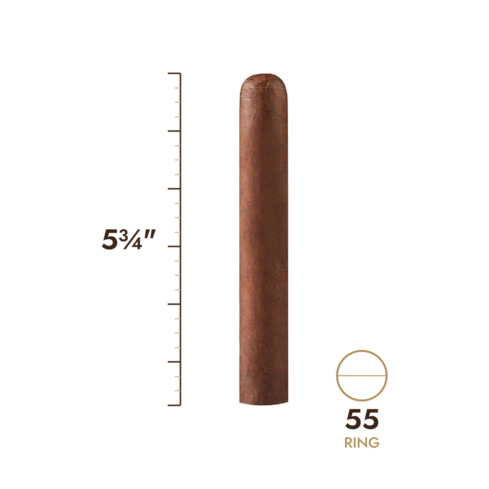 Cigar size: 5¾" long, 55 ring gauge, to scale