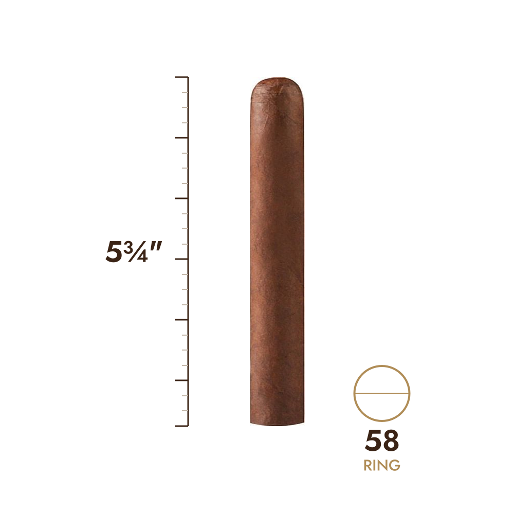 Cigar size: 5¾" long, 58 ring gauge, to scale