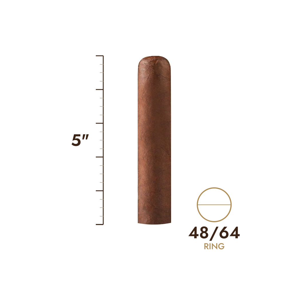 Cigar size: 5" long, 48/64 ring gauge, to scale