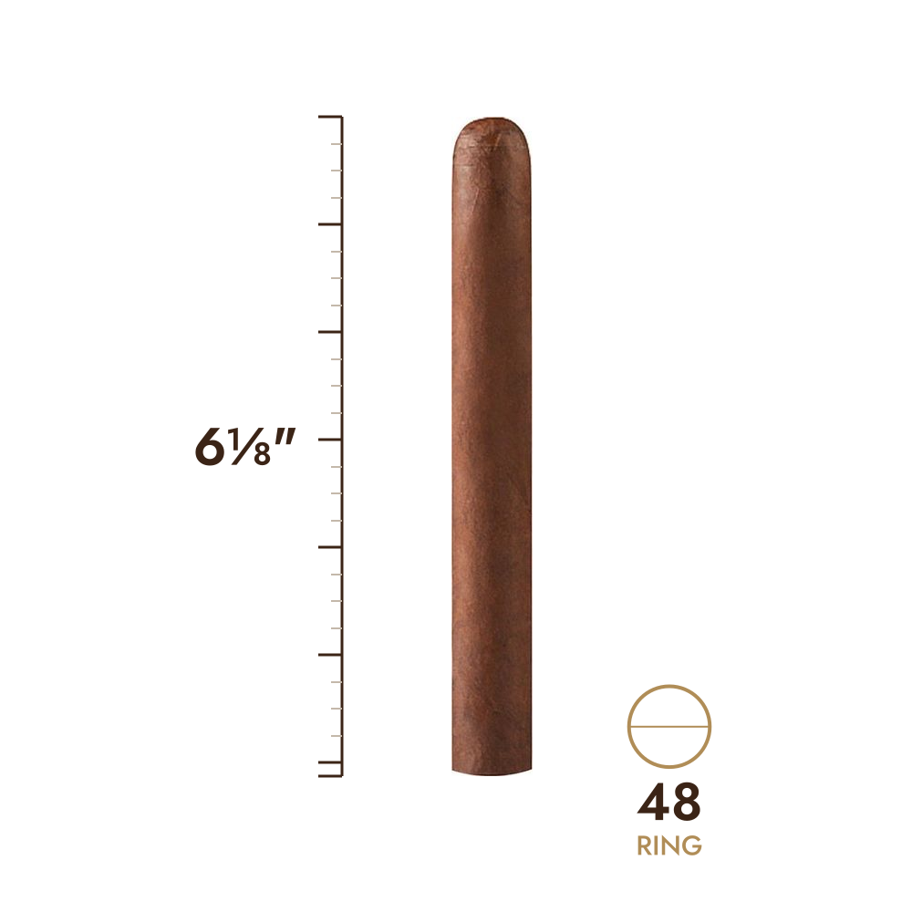 Cigar size: 6⅛" long, 48 ring gauge, to scale