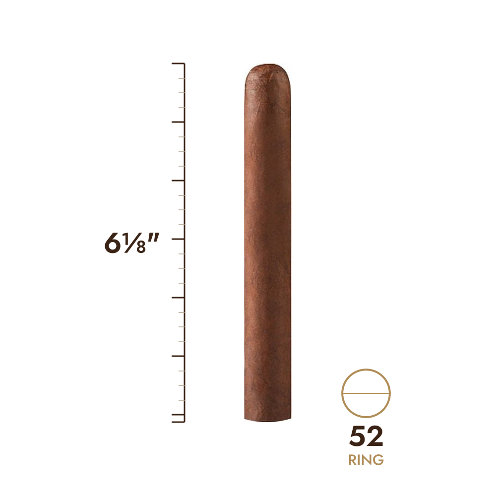 Cigar size: 6⅛" long, 52 ring gauge, to scale