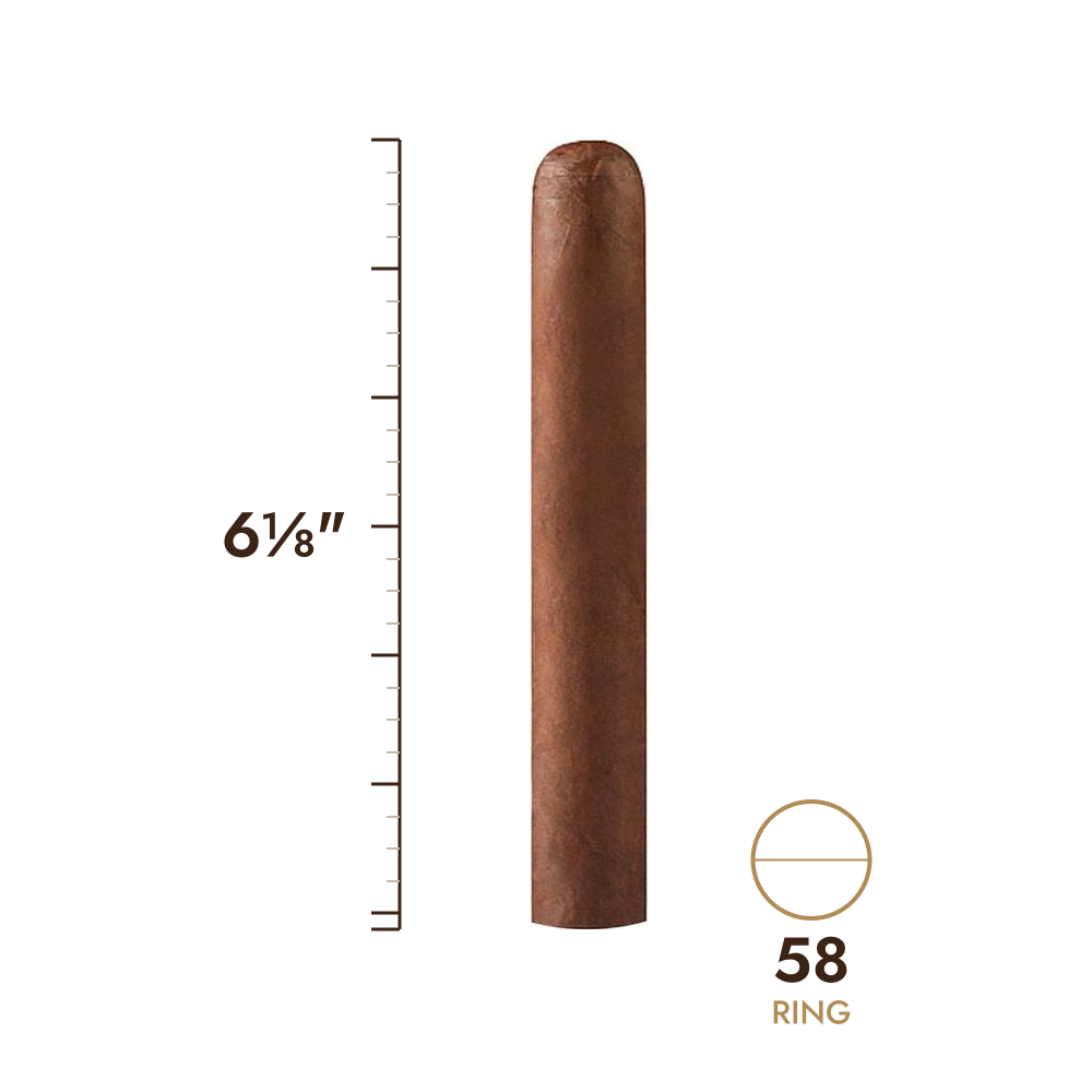 Cigar size: 6⅛" long, 58 ring gauge, to scale