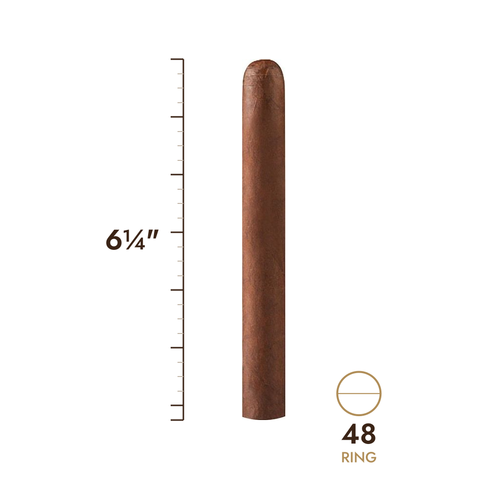 Cigar size: 6¼" long, 48 ring gauge, to scale
