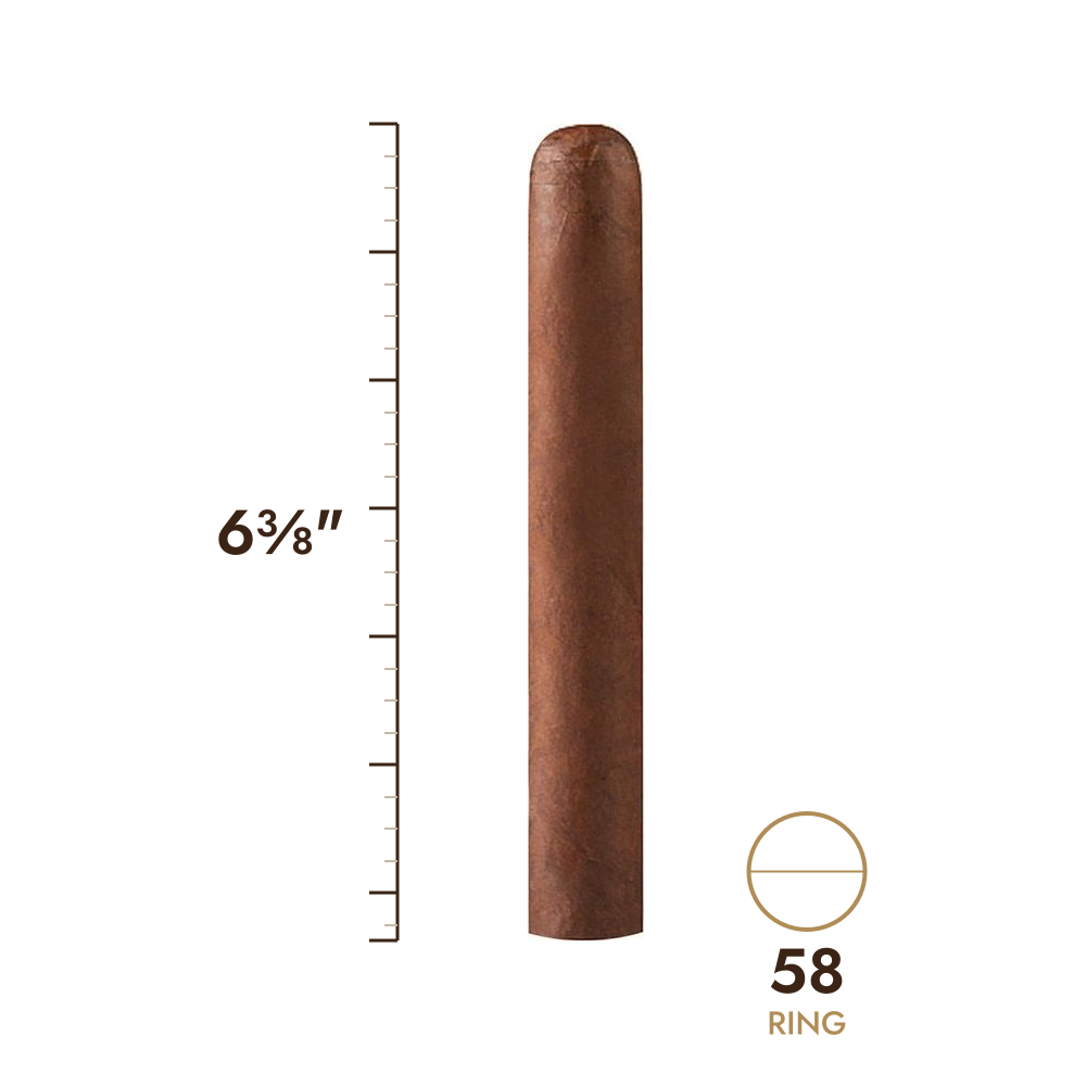 Cigar size: 6⅜" long, 58 ring gauge, to scale