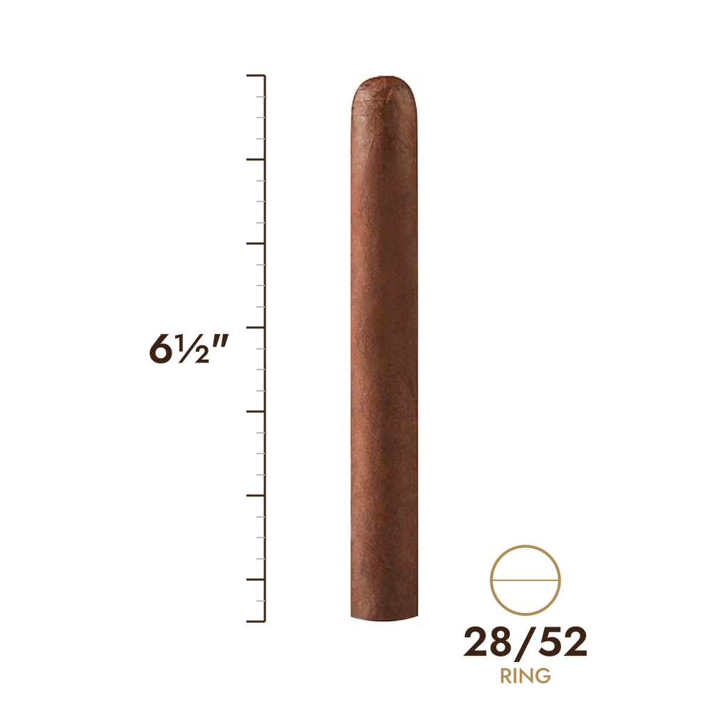 Cigar size: 6½" long, 28/52 ring gauge, to scale
