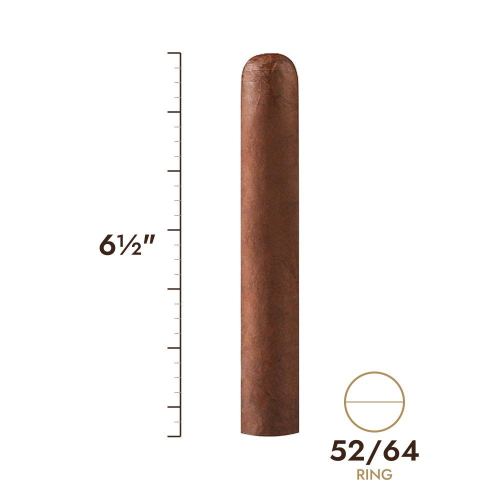 Cigar size: 6½" long, 52/64 ring gauge, to scale