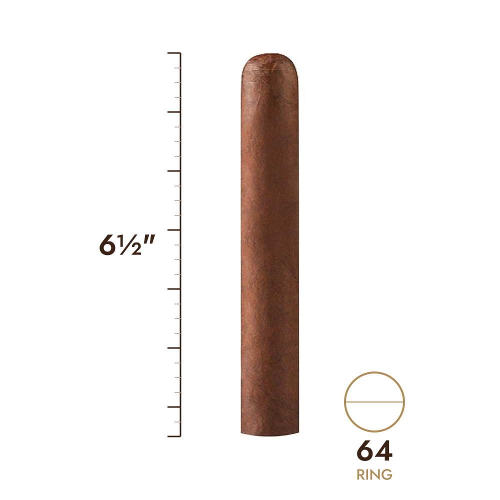 Cigar size: 6½" long, 64 ring gauge, to scale