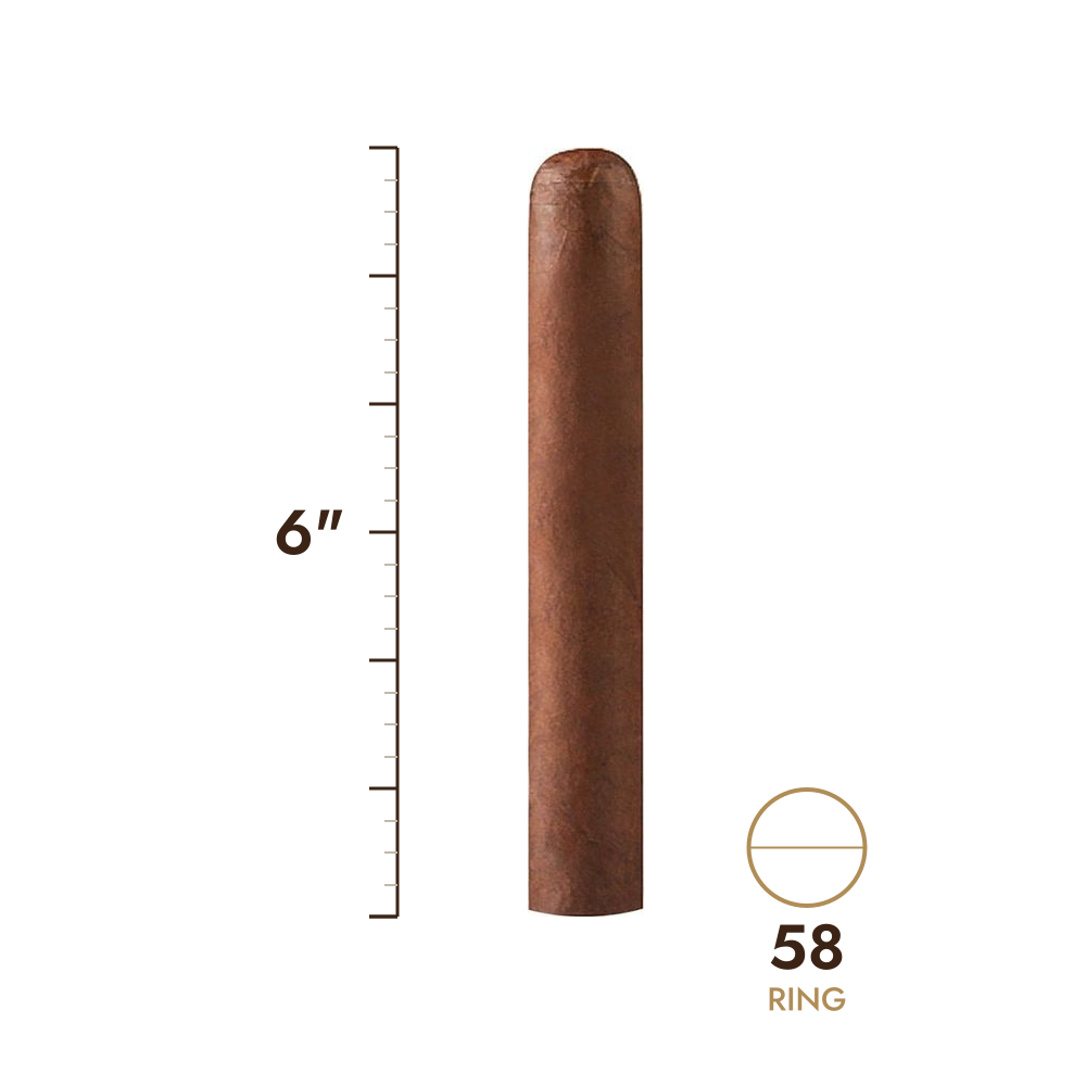 Cigar size: 6" long, 58 ring gauge, to scale