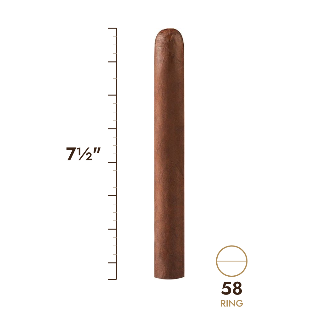 Cigar size: 7½" long, 58 ring gauge, to scale