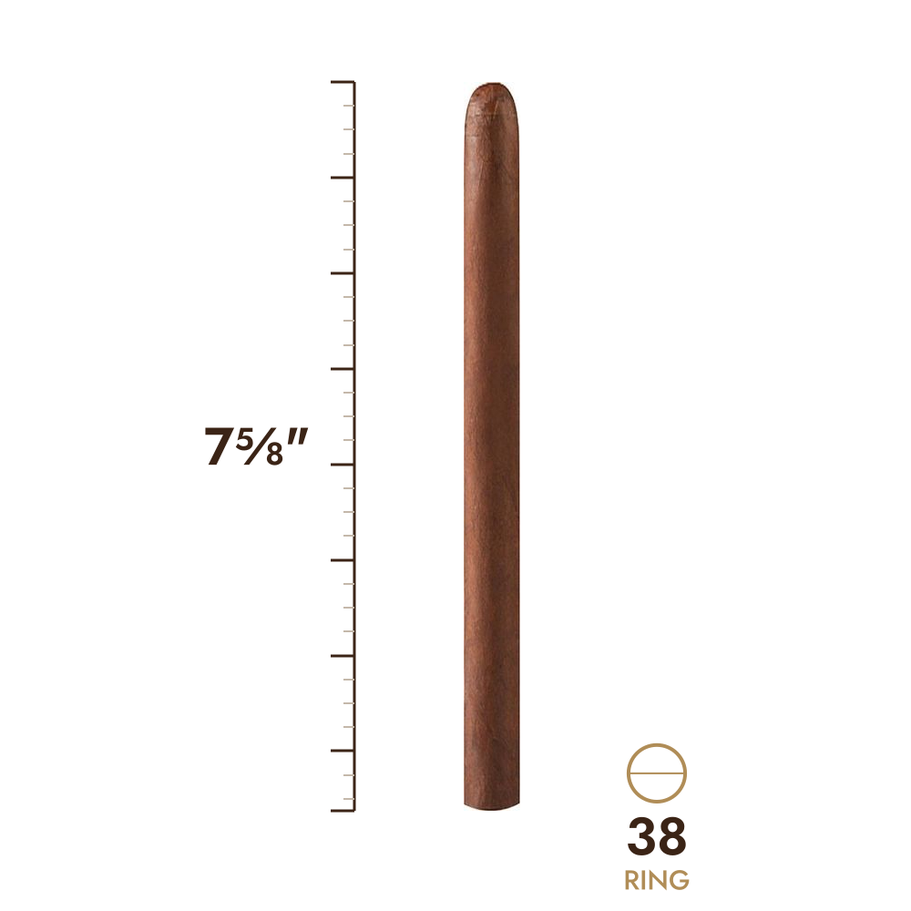 Cigar size: 7⅝" long, 38 ring gauge, to scale
