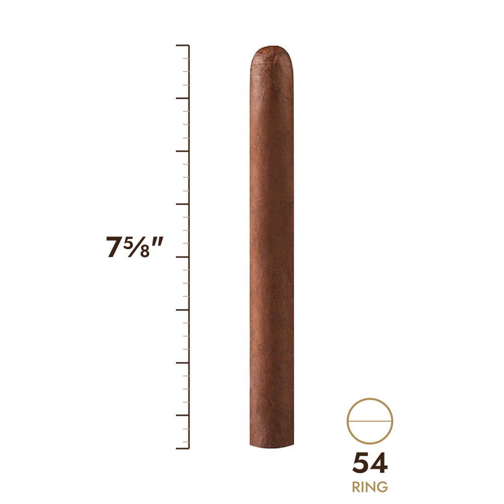 Cigar size: 7⅝" long, 54 ring gauge, to scale
