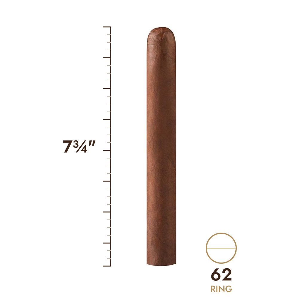 Cigar size: 7¾" long, 62 ring gauge, to scale