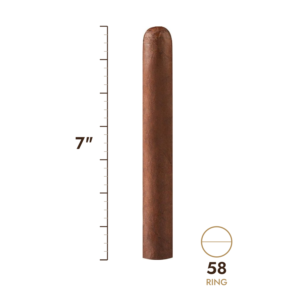 Cigar size: 7" long, 58 ring gauge, to scale
